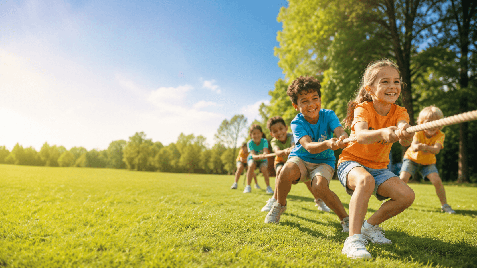 Children playing tug-of-war at a Funatic holiday camp